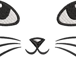May include: An embroidered cat face design, showing two almond-shaped eyes and a nose with whiskers. The eyes are black with white highlights, and the whiskers are long and curved. The design is on a white background.