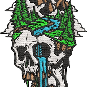 May include: Embroidered patch featuring a skull with a mountain landscape. The design includes green trees, a blue river, a yellow sun, and brown mountains. The skull is white with black details, and a blue waterfall flows from it.