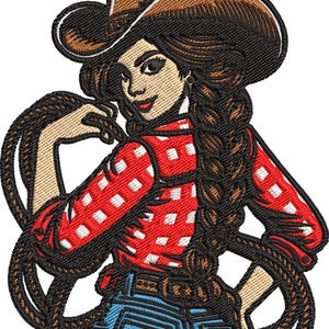 May include: An embroidered image of a cowgirl with long brown hair wearing a brown cowboy hat, a red and white checkered shirt, and blue jeans. She is holding a rope, with a confident expression.