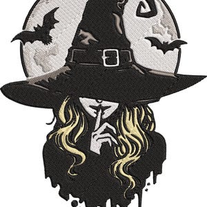 May include: An embroidered design featuring a black witch wearing a hat, with a finger to her lips, and blonde hair. Two bats fly in front of a full moon. The design has a textured appearance, ideal for Halloween.