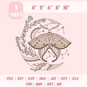 May include: An embroidered design featuring a moth with a crescent moon, floral elements, and constellations. The design is available in 5 sizes: 4", 5", 6", 8", and 10". The color palette includes shades of pink, green, and brown on a pink background.
