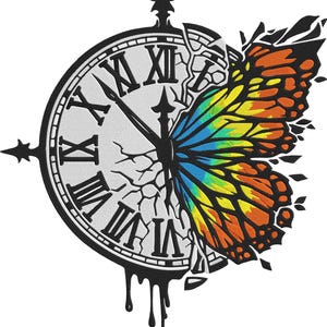 May include: A black and white clock face with Roman numerals, partially cracked, morphing into a colorful butterfly wing. The butterfly wing features vibrant hues of orange, yellow, blue, and green. Black drips emanate from the clock's base.