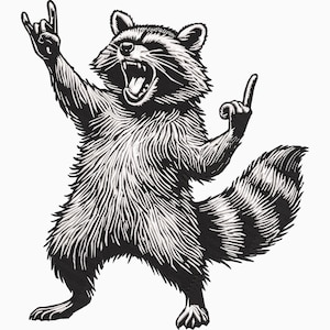 May include: Black and white illustration of a raccoon giving the rock on hand gesture with both hands. The raccoon has a striped tail and is standing on its hind legs with its mouth open.