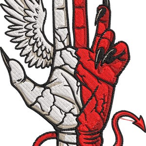 Könnte beinhalten: Gesticktes Design einer Hand, die in zwei Hälften geteilt ist: weiß mit einem Flügel und rot mit Krallen und einem Schwanz. Ein goldener Heiligenschein schwebt über den Fingern. Das Design ist mit schwarzen Umrissen und Schattierungen versehen.