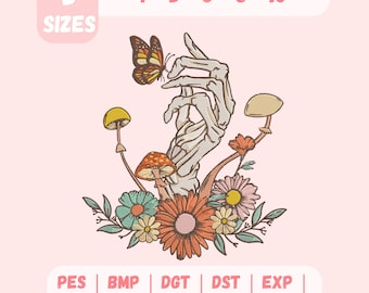 May include: A digital design featuring a skeletal hand with a butterfly, surrounded by flowers and mushrooms. The design is available in 5 sizes: 10 cm, 13 cm, 15 cm, 20 cm, and 25 cm. The image includes file type options: PES, BMP, DGT, DST, EXP, HUS, INF, VP3, and XXX.