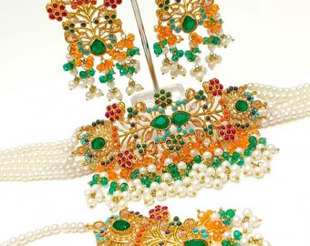Traditional Nauratan Choker Set | Colorful Indian\Pakistani Bridal Jewelry | Ethnic Statement Necklace with Earrings And Tikka