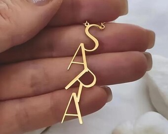 Personalized Vertical Name Necklace, Custom Gold Plated Minimalist Jewelry, Mothers Day Gift For Mom