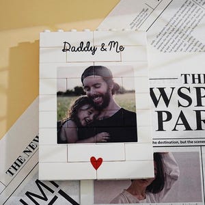 Custom LEGO picture block with family photo and personalized text Fathers Day gift