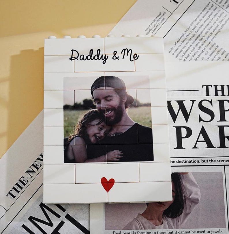 Custom LEGO picture block with family photo and personalized text Fathers Day gift