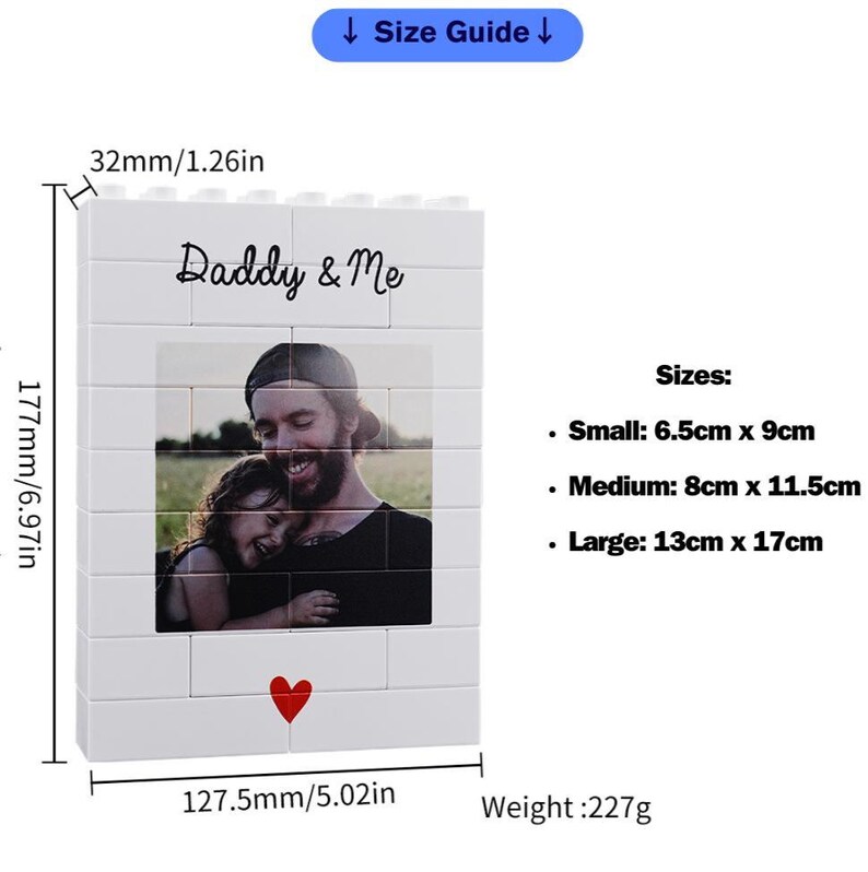 LEGO style personalized photo puzzle block for Dad as Fathers Day gift or Grandpa gift with different sizes