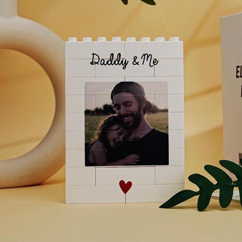 Custom LEGO brick picture block with upper and lower text and photo Fathers Day gift