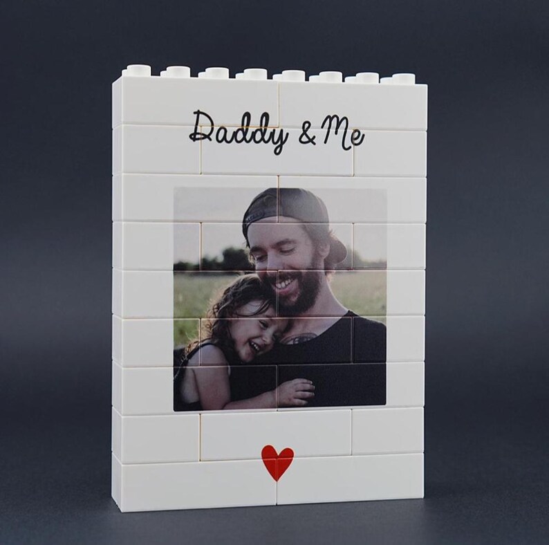 Unique LEGO photo block gift with editable text for Fathers Day Gift