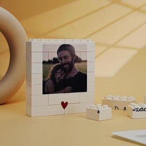 LEGO inspired photo puzzle block with custom top and bottom text Fathers Day gift