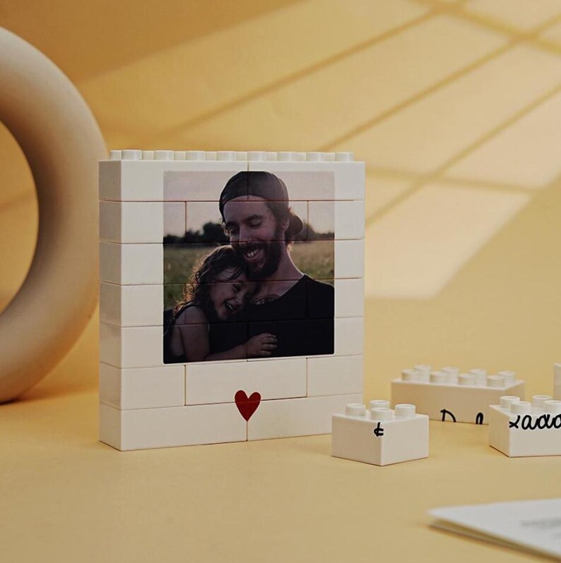 LEGO inspired photo puzzle block with custom top and bottom text Fathers Day gift