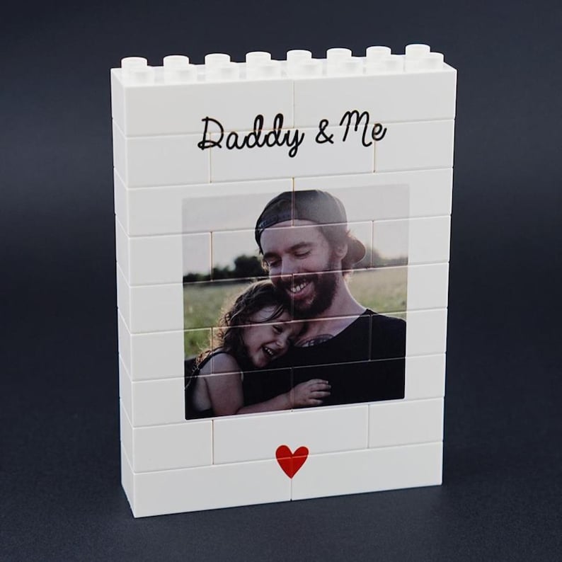 Personalized LEGO photo block with custom text and image, perfect Fathers Day gift