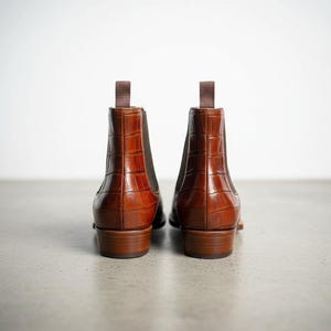 Handmade brown crocodile embossed Chelsea boots for men in multi tonal cognac leather, luxury exotic boots with stacked leather heel, elastic side gussets and Goodyear style welt finish
