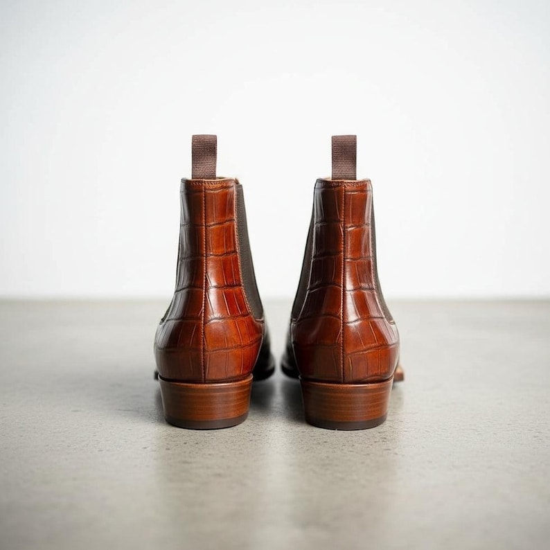 Handmade brown crocodile embossed Chelsea boots for men in multi tonal cognac leather, luxury exotic boots with stacked leather heel, elastic side gussets and Goodyear style welt finish