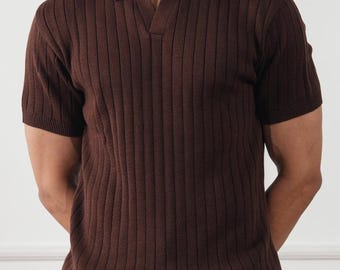 The 'Espresso' Ribbed Knit Polo Shirt - Classic Men's Style