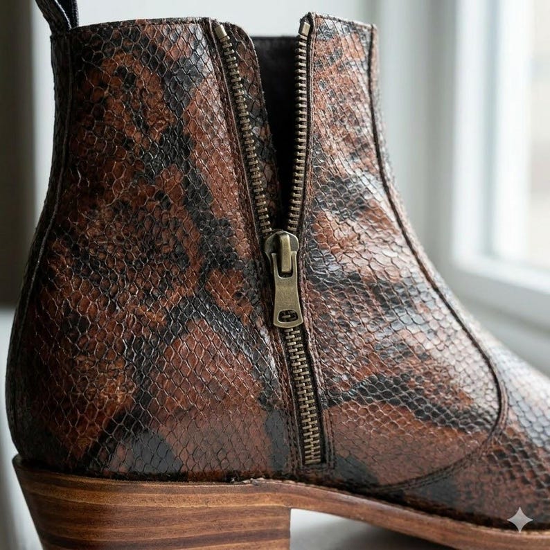 May include: A close-up of a brown and black ankle boot with a snakeskin pattern. The boot has a side zipper with a brass-colored pull. The heel is a light brown color.