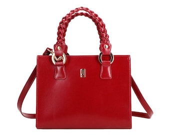 Red Leather Satchel Handbag with Braided Handles - Crossbody Tote