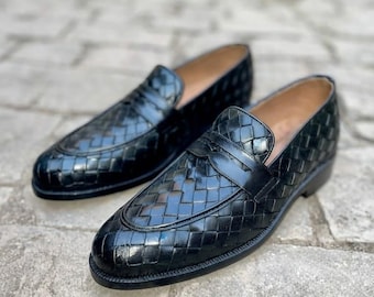 Handcrafted Black Woven Leather Penny Loafers for Men | Luxury Slip-On Dress Shoes | Old Money Dark Academia Footwear