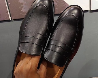 Handgjorda Noir svarta läderpennyloafers | Herrskor, Bröllopsskor