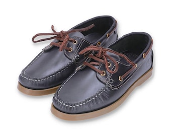 Hand-Stitched Leather Boat Shoes - Dark Navy Nautical Deck Loafers