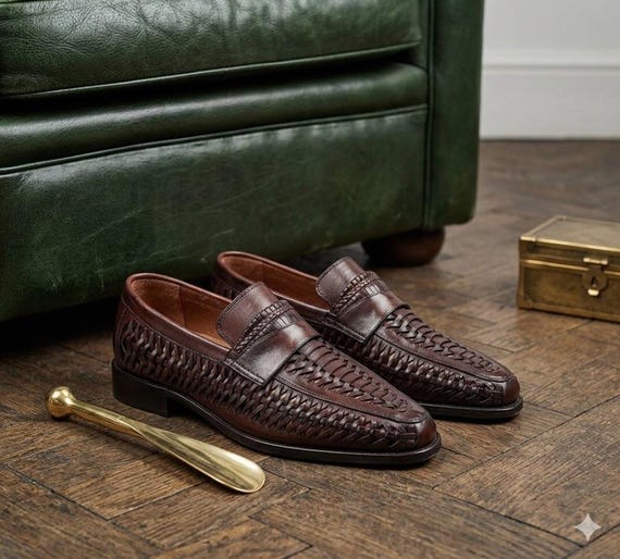 Hand-Woven Leather Loafers for Men – Dark Brown Intrecciato Slip-Ons – Italian Style Breathable Summer Dress Shoes