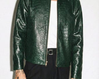 Men’s Emerald Green Crocodile Embossed Leather Jacket - Vintage Style