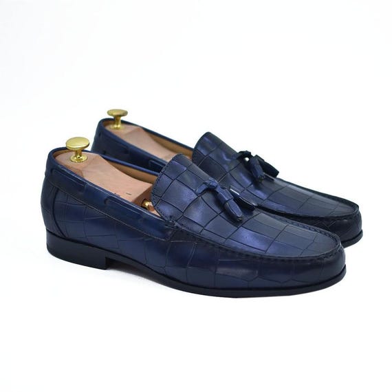 Handcrafted Navy Blue Leather Loafers Crocodile Emboss  display picture 1