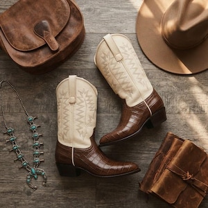 Può includere: Un paio di stivali da cowboy bicolore con gambali color crema e piedi in pelle marrone con stampa coccodrillo, accompagnati da una borsa a tracolla in pelle marrone, un cappello beige a tesa larga, una collana turchese e un diario in pelle.