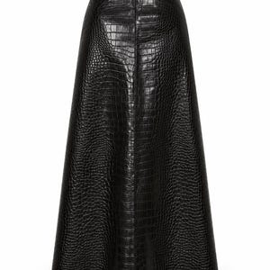 Schwarzer Lederrock mit Krokoprägung, A-Linien-Midirock mit hoher Taille, eleganter Damenrock, Luxus Lederrock