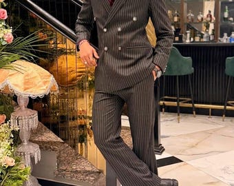 Men's Charcoal Pinstripe Double Breasted Suit, Wide Leg Trouser & 6-Button Jacket Set,Groom Wedding Suit, Prom Tux
