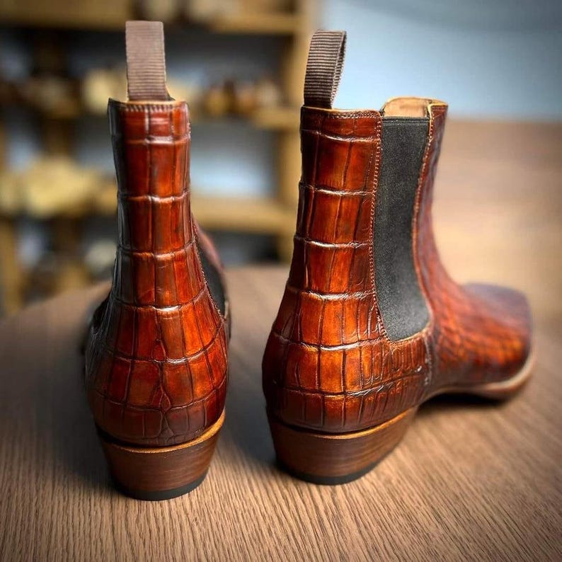 Handmade brown crocodile embossed Chelsea boots for men in multi tonal cognac leather, luxury exotic boots with stacked leather heel, elastic side gussets and Goodyear style welt finish