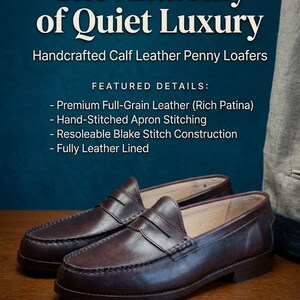 May include: A pair of handcrafted, dark brown calf leather penny loafers. The image features the text "The Anatomy of Quiet Luxury" and details like premium full-grain leather and hand-stitched apron stitching. The shoes are displayed on a wooden surface.
