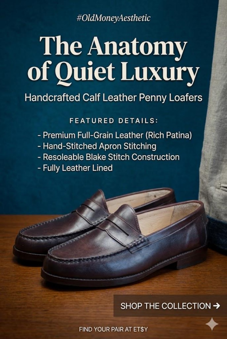 May include: A pair of handcrafted, dark brown calf leather penny loafers. The image features the text "The Anatomy of Quiet Luxury" and details like premium full-grain leather and hand-stitched apron stitching. The shoes are displayed on a wooden surface.