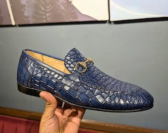 Blue Crocodile-Embossed Horsebit Loafers.