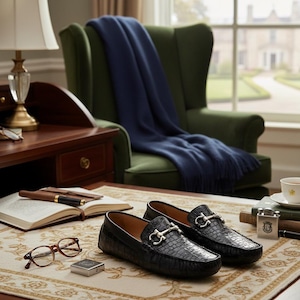 Zwarte driving-mocassins met krokodillenreliëf heren | Gancini Bit loafer instappers