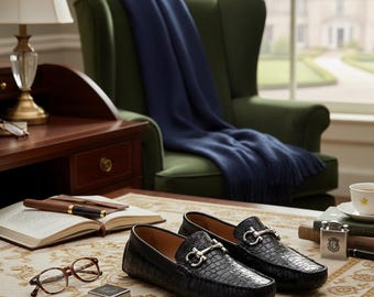 Men's Black Crocodile-Embossed Driving Moccasins | Gancini Bit Loafer Slip-On Shoes
