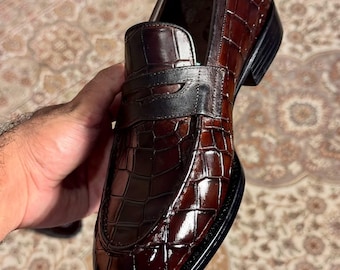 Herren CROC EMBOSSED Leder Penny Loafers: MAHOGANY Espresso, Luxus Slip On Dress Schuhe