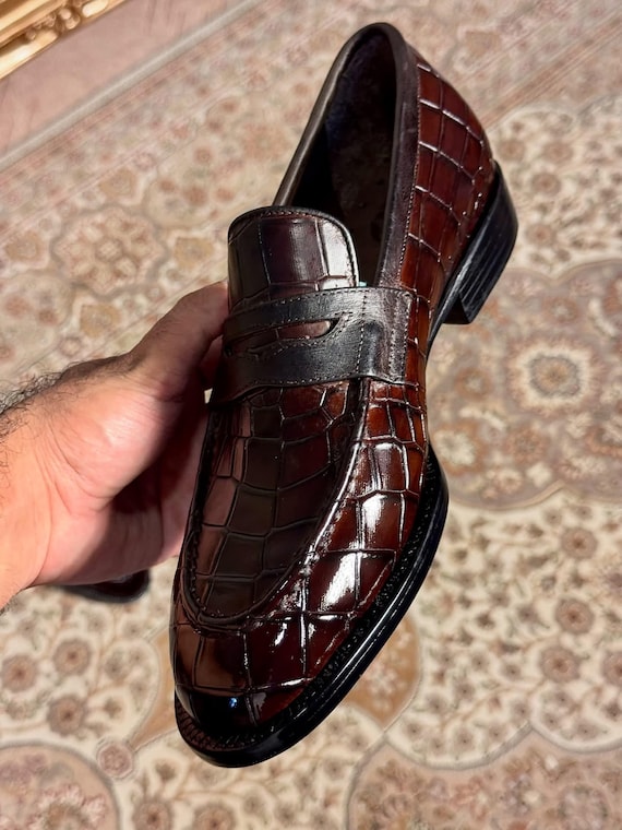 Men’s CROC EMBOSSED Leather Penny Loafers: MAHOGANY Espresso, Luxury Slip On Dress Shoes