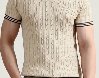 Vintage kabelgebreid poloshirt voor heren – Retro tennispolo met korte mouwen