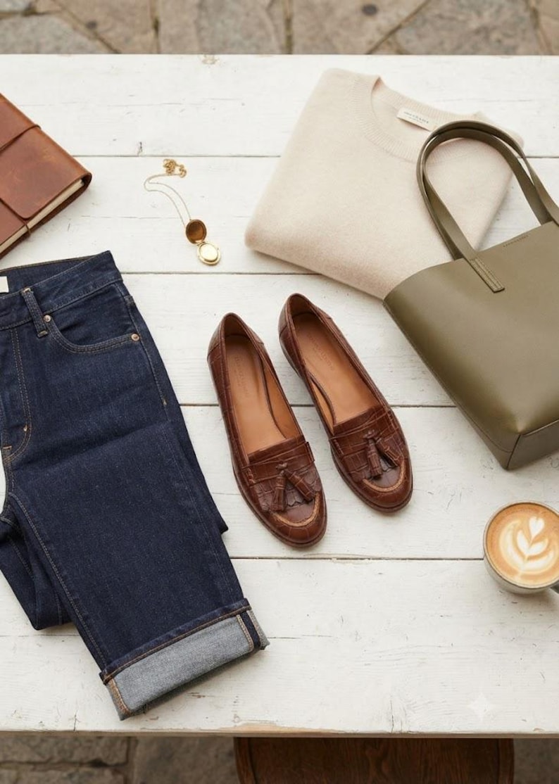 May include: A pair of brown leather tassel loafers with a crocodile-embossed texture, dark blue denim jeans, a beige knit sweater, an olive green tote bag, a gold locket necklace, a brown leather notebook, and a cup of coffee with latte art.