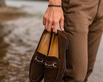 Brown Suede Horsebit Loafers | Italian Leather Mens Dress Shoes | Handmade Slip On Moccasins