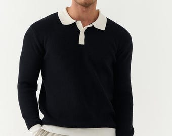 Men's Black Ribbed Knit Polo Sweater | Contrast Collar