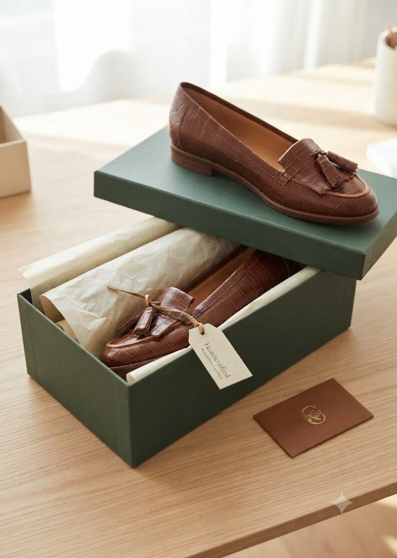 May include: A pair of brown leather loafers with a crocodile-embossed texture, featuring tassels on the vamp. One shoe rests on the lid of a dark green box, while the other is inside, accompanied by a tag labeled Handcrafted and a small card.