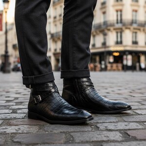 May include: Black leather ankle boots with a crocodile texture, featuring a buckle and side zip. The boots have a low heel and are worn with dark grey trousers. The boots are on a cobbled street.