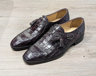 Handmade Men's Burgundy Crocodile Embossed Leather Shoes | Tassel Monk Strap Loafers