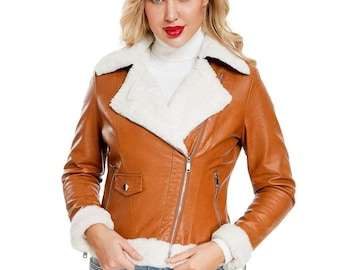 Women's Brown Leather Shearling Jacket, Aviator Moto Biker Coat, Winter Bomber Jacket, Fur Lined
