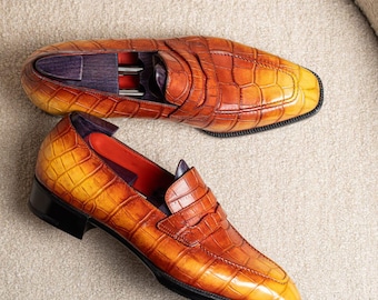 Herr Handgjorda Krokodilpräglade Läder Penny Loafers Handpolerade Patina Klädslip On Skor